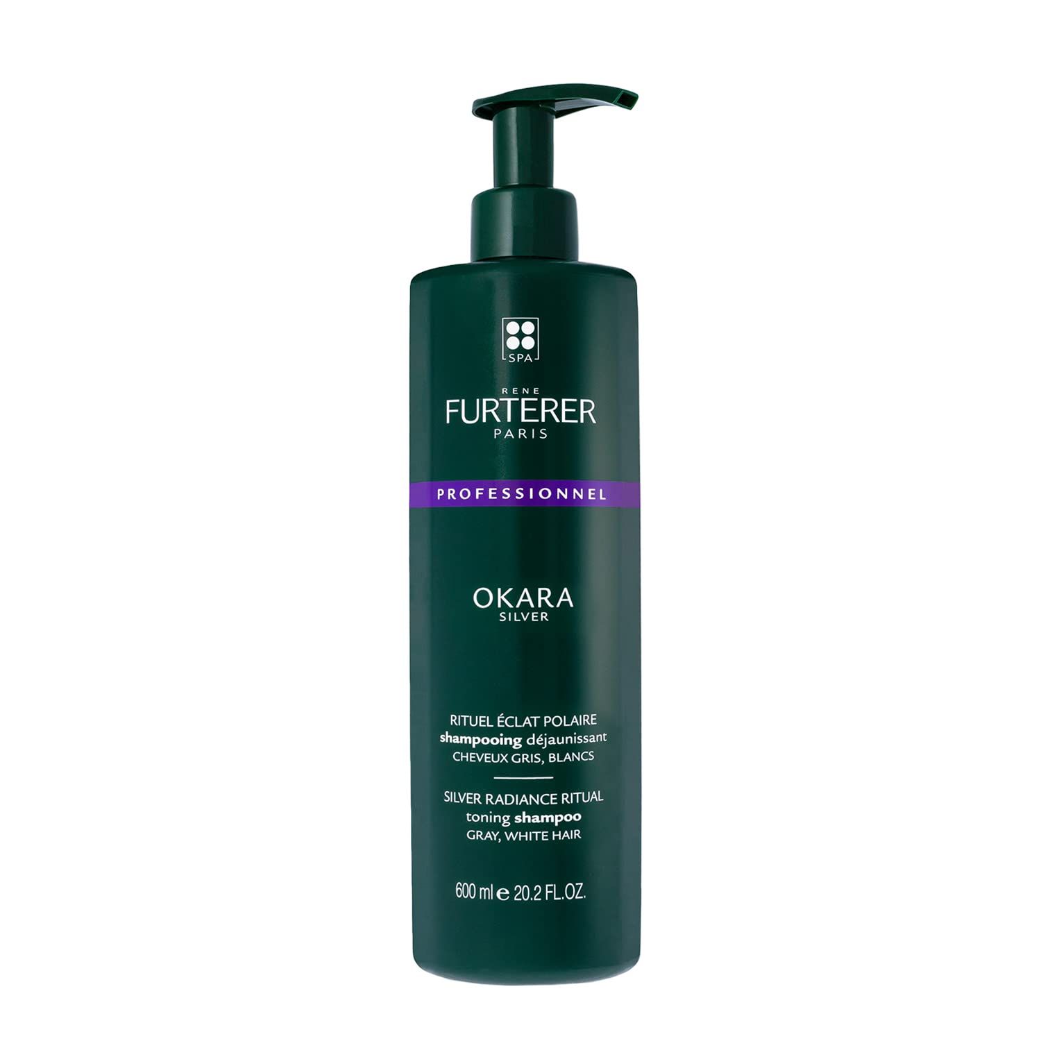 Grüne Flasche Shampoo. Text: Okara Silver. Marke: René Furterer. Für graues, weißes oder blondes Haar. 600 ml.
