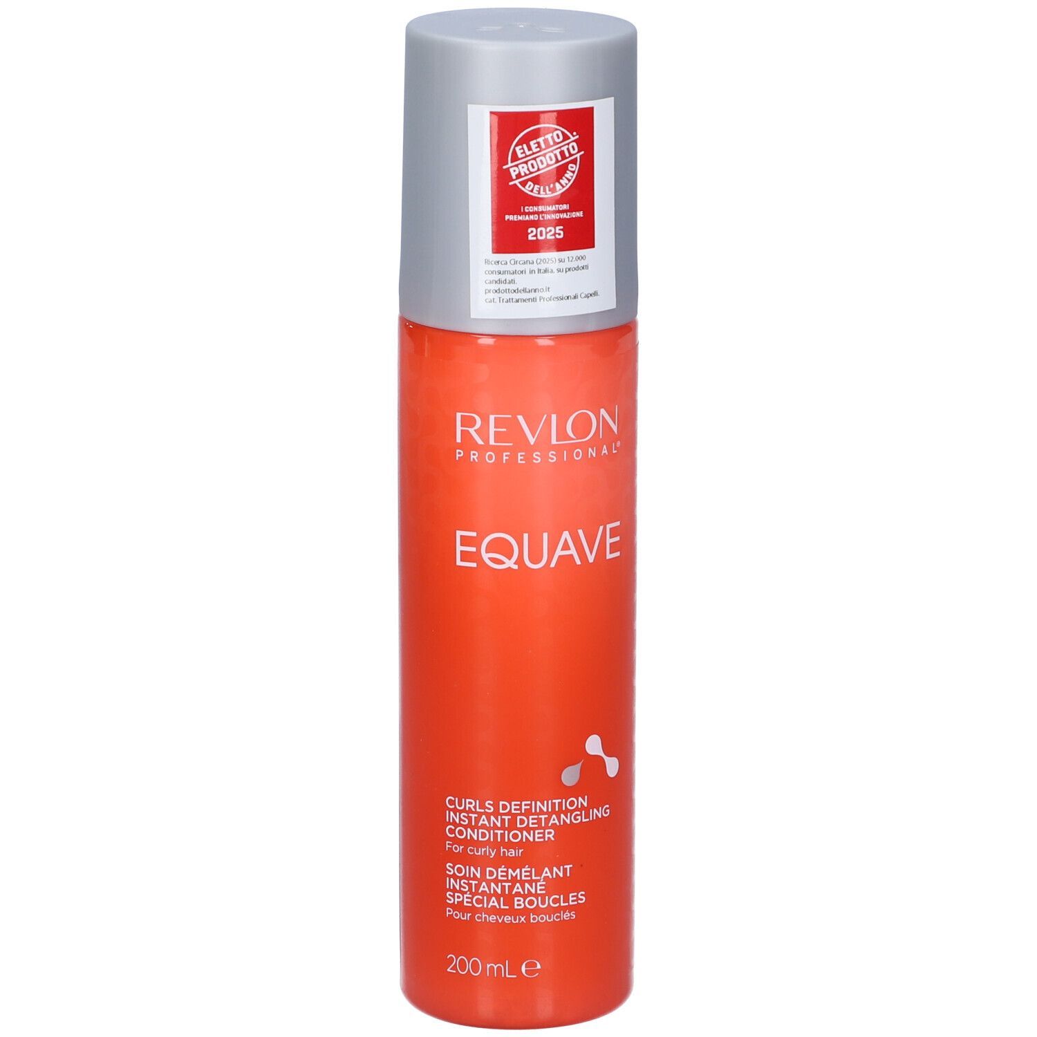 Revlon EQUAVE Curls Detangling Conditioning. Orangefarbene Flasche mit silbernem Deckel. Text und Logo.