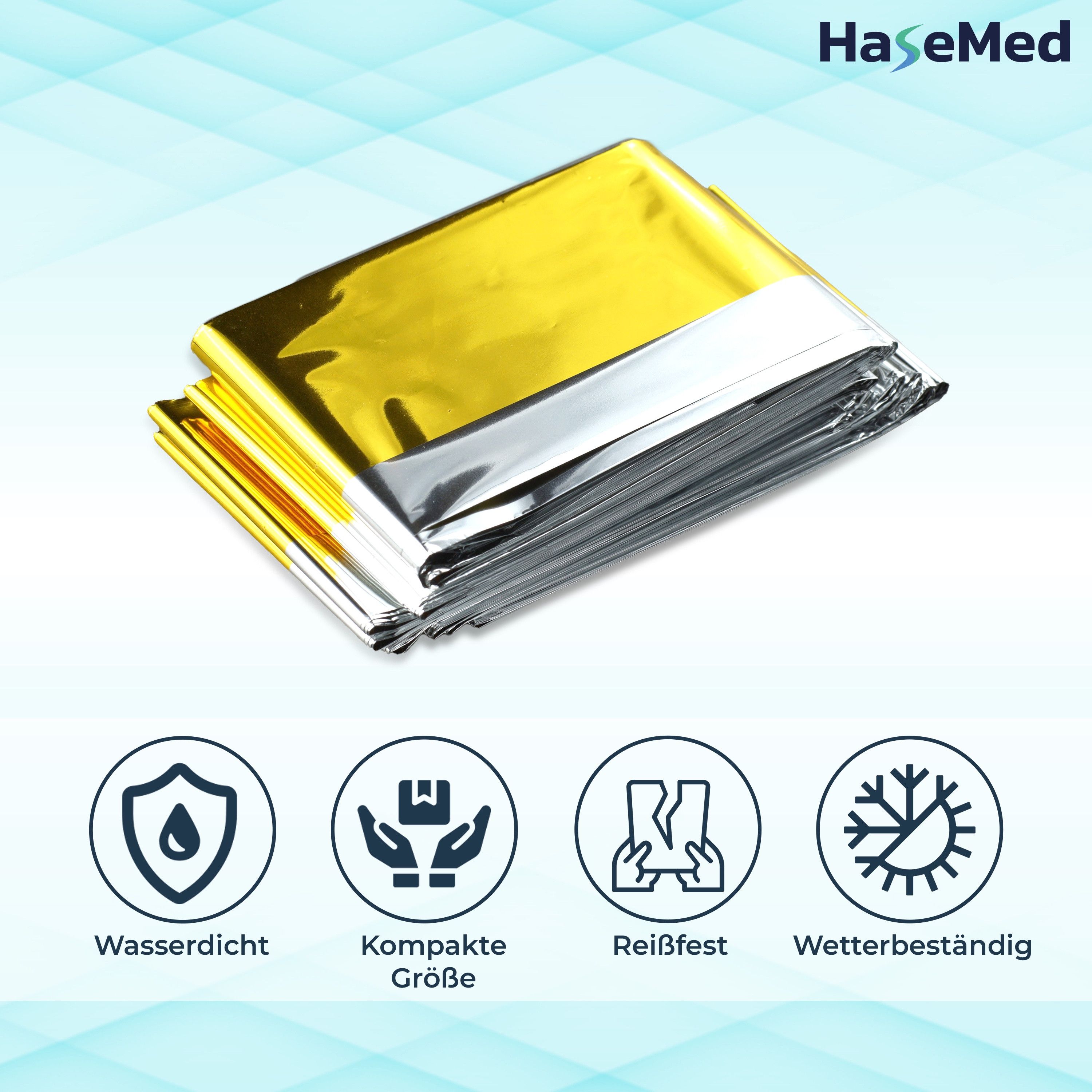 HaseMed Rettungsdecke Gold/Silber, gefaltet. Wasserdicht, kompakt, reißfest und wetterbeständig. Logo oben rechts.