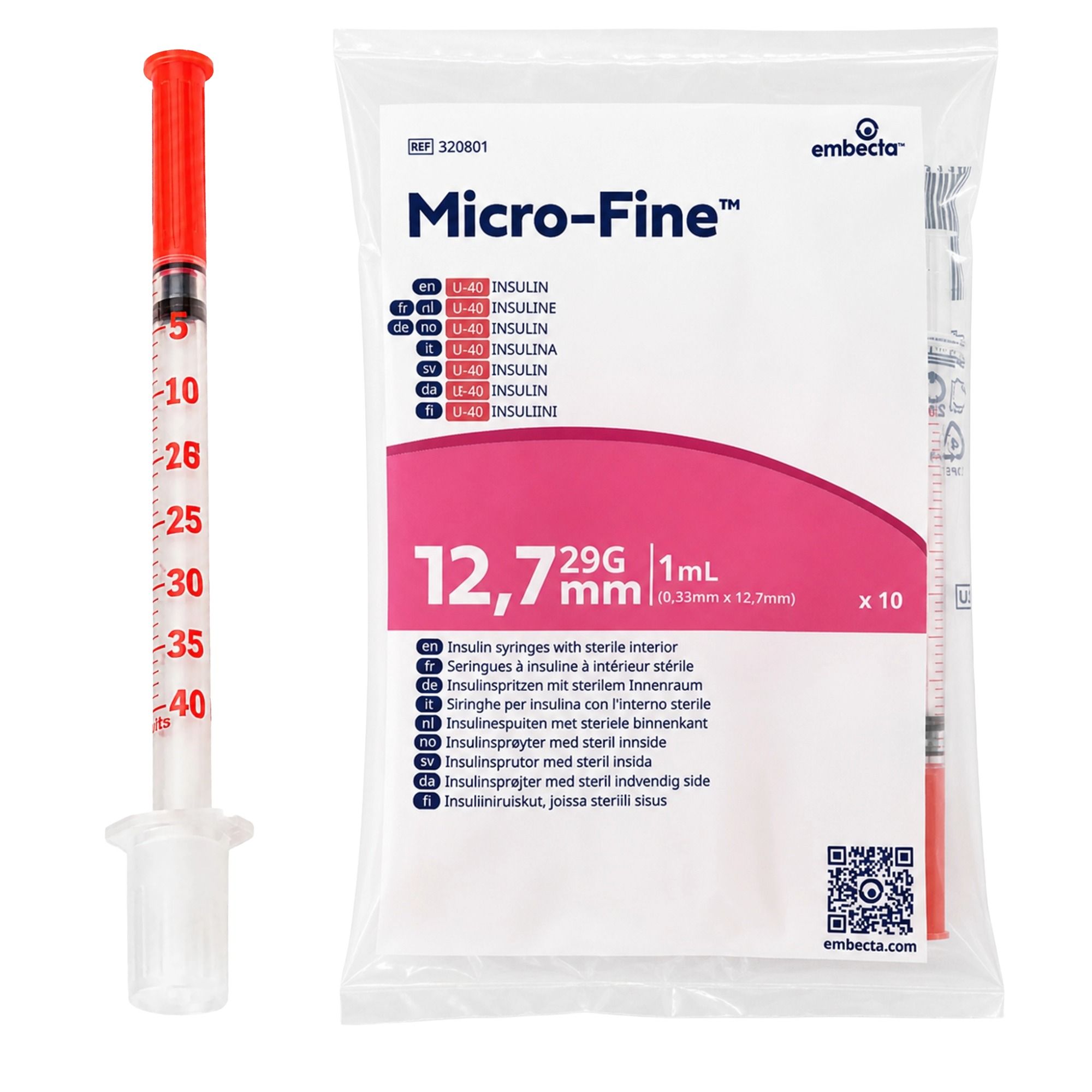 embecta Micro-Fine+ U40 Insulinspritze mit 29G-Kanüle 0,33 x 12,7 mm 10 St