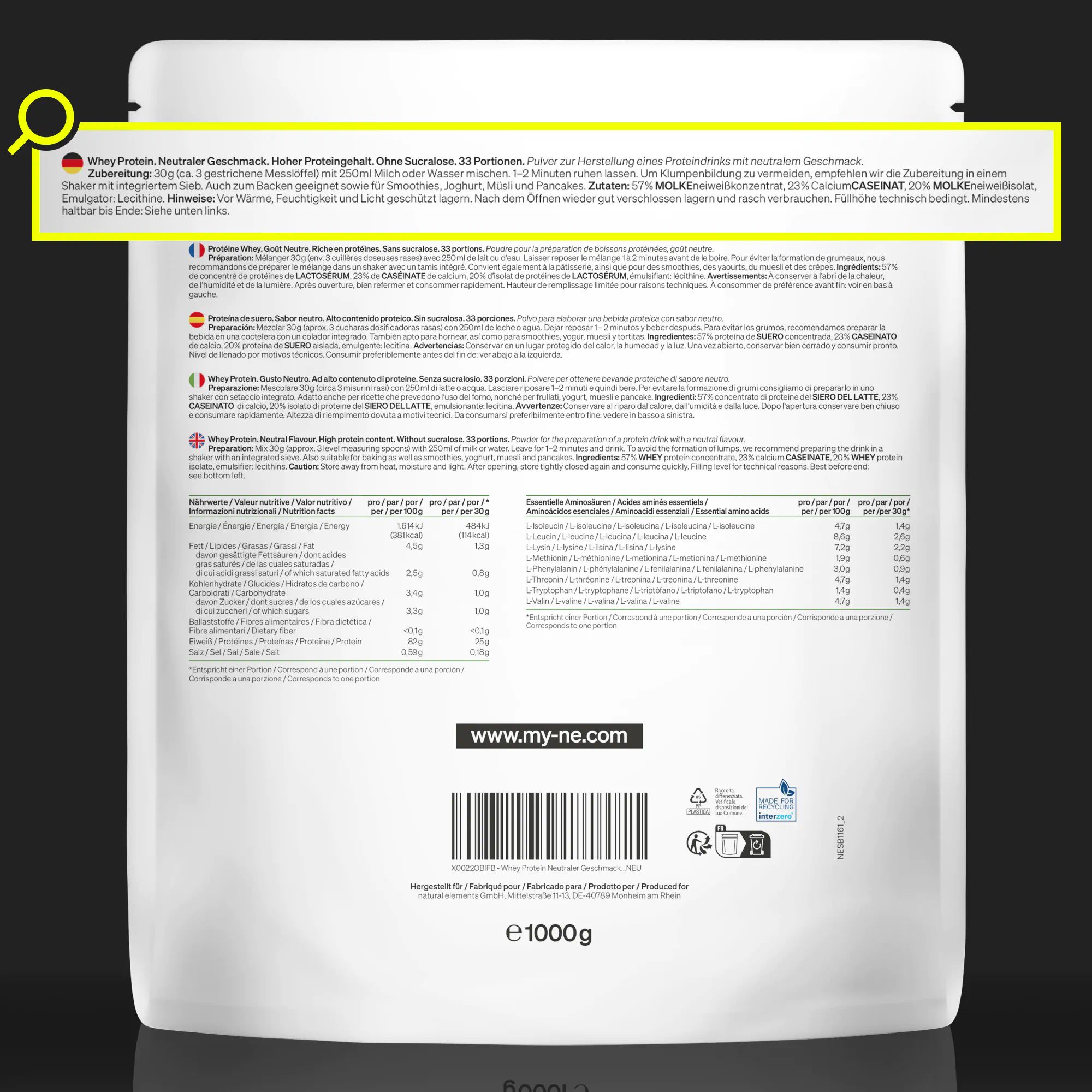 Rückseite der Verpackung. Text mit Nährwertangaben, Zutaten und Zubereitungshinweisen. Website-Adresse: www.my-ne.com. 1000g.