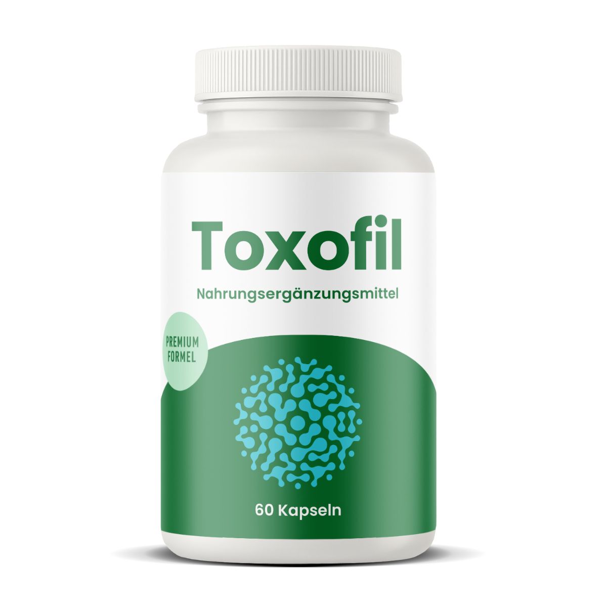Weiße Flasche mit grünem Etikett. Aufschrift "Toxofil", "Nahrungsergänzungsmittel", "60 Kapseln". Grünes Logo.