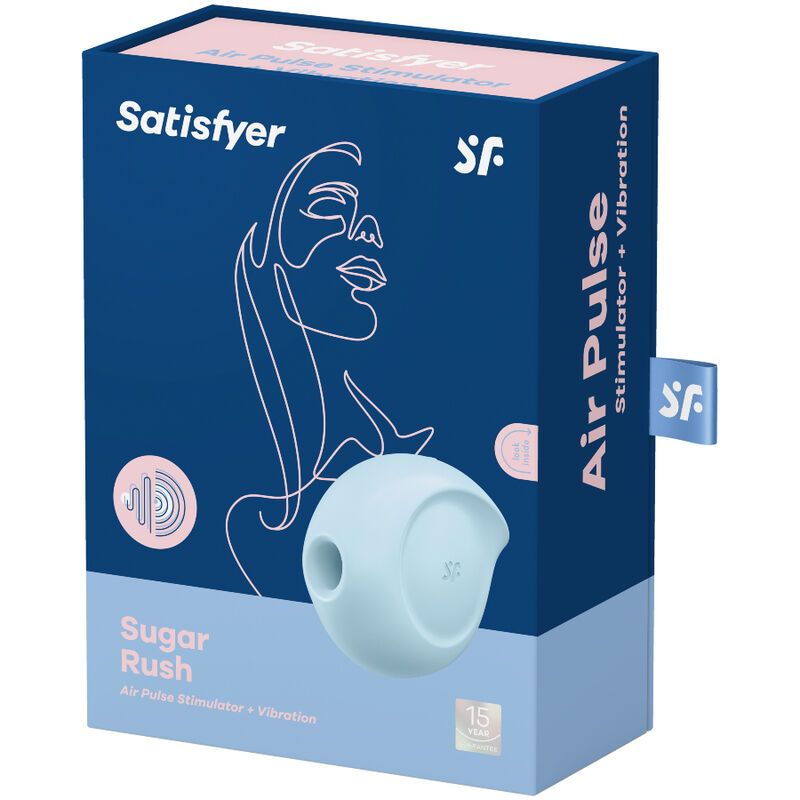 Blau-rosa Verpackung mit Produktabbildung und Schriftzug "Satisfyer Sugar Rush".