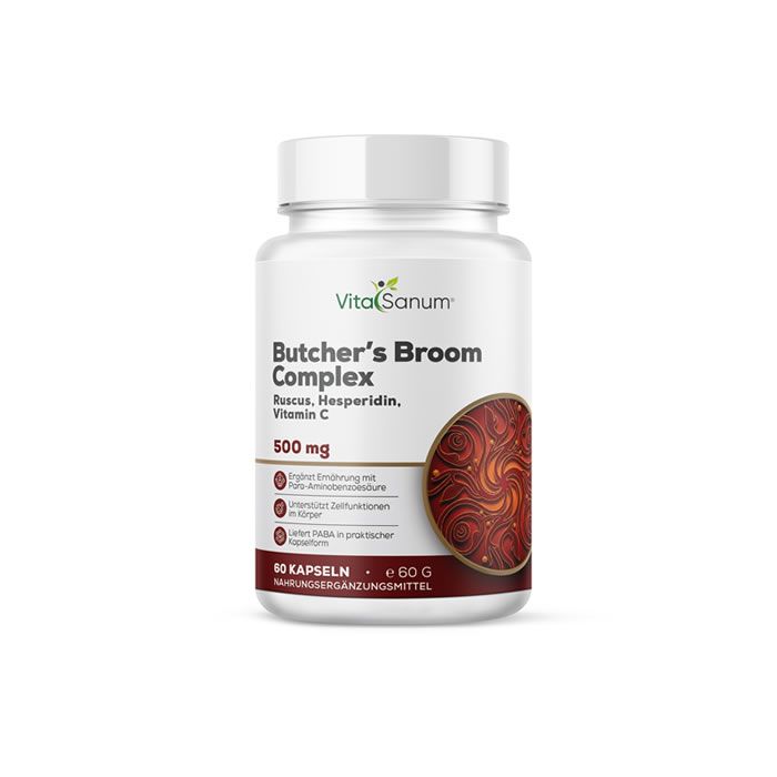 VitaSanum Butcher's Broom Complex Kapseln, 500 mg. Weiße Dose mit Etikett und rötlich-braunem Muster.