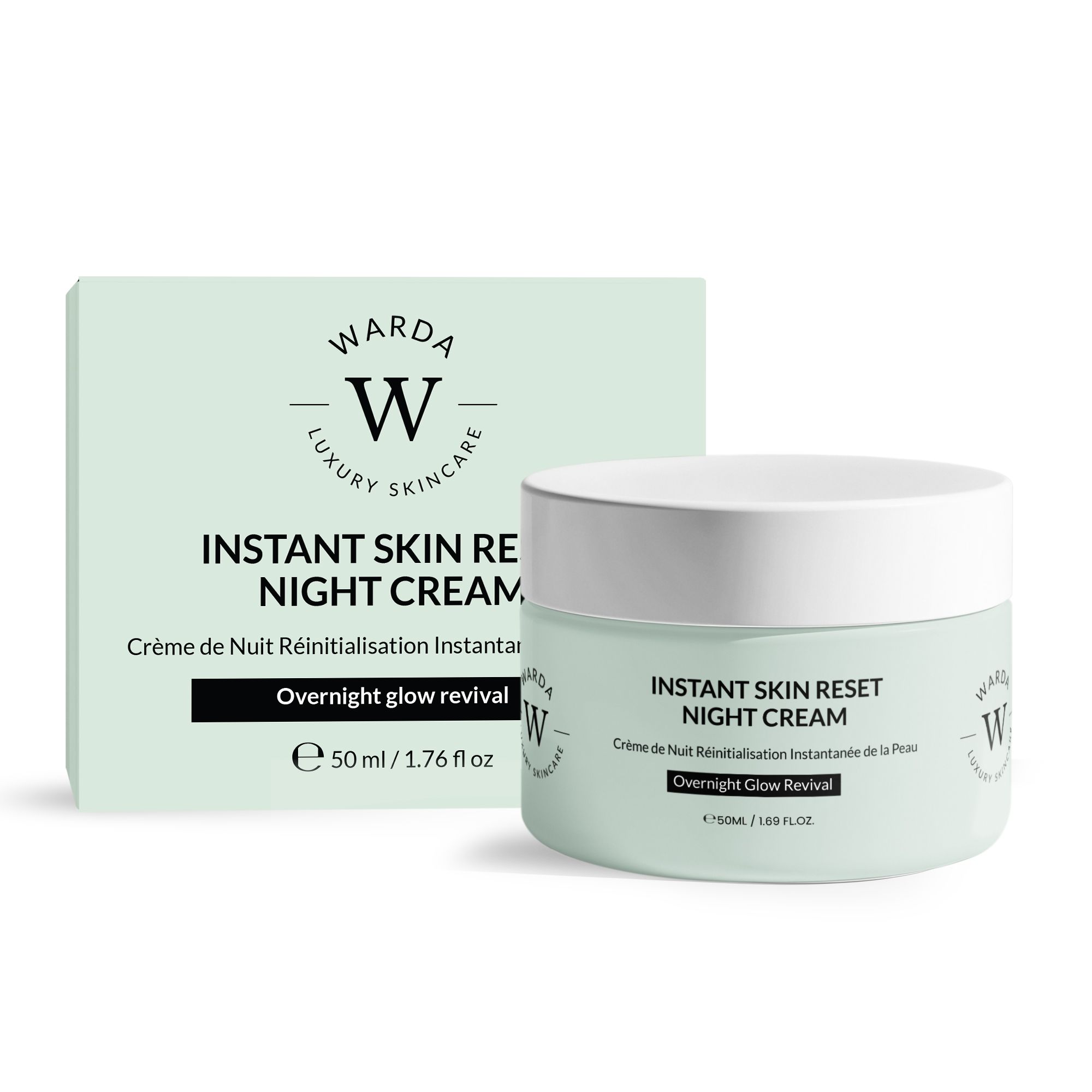 Creme-Tiegel und Schachtel. Aufschrift: Instant Skin Reset Night Cream. Marke: Warda Luxury Skincare. Nachtcreme. 50 ml.