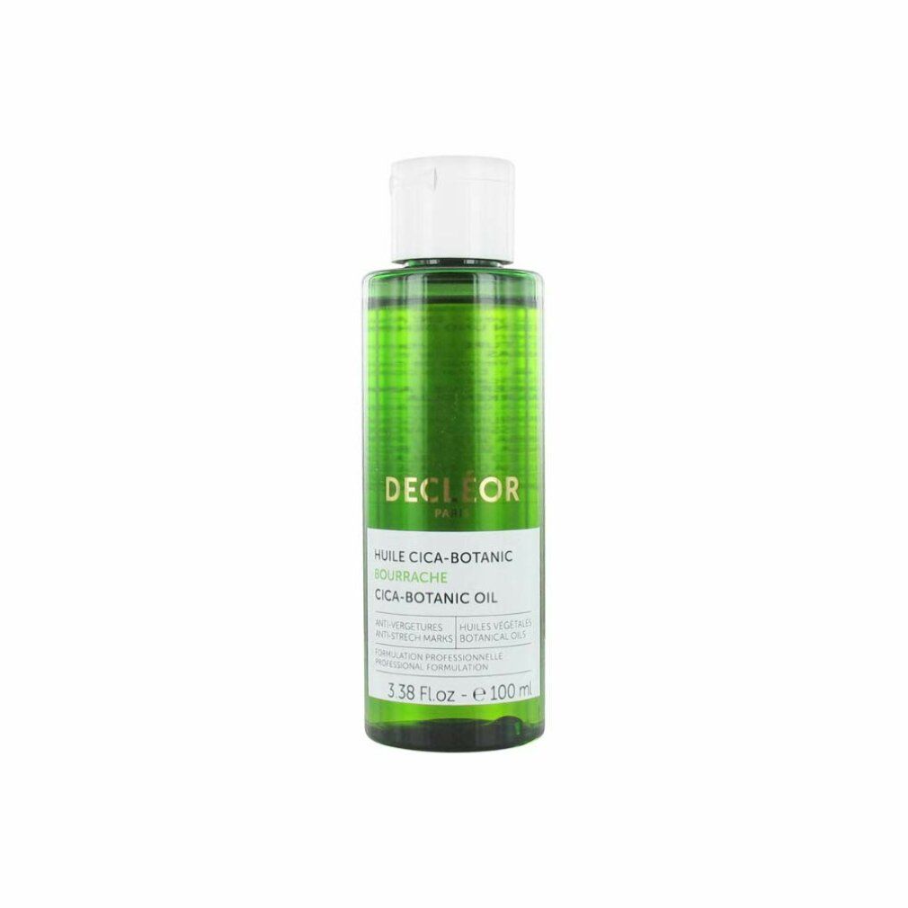Grüne Glasflasche mit weißem Deckel. Etikett mit Produktnamen und Text. Enthält 100 ml. Marke Decleor.