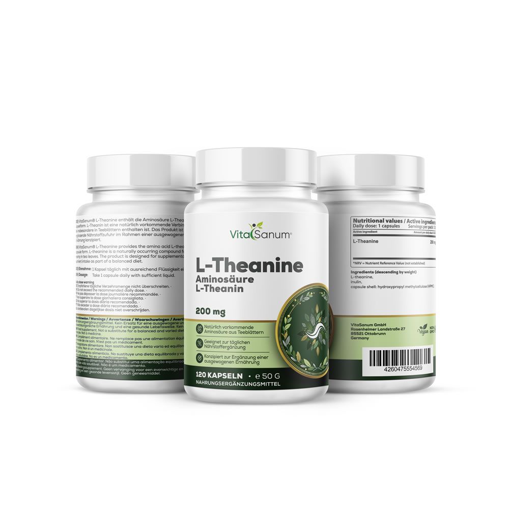 Drei Flaschen VitaSanum L-Theanin Kapseln, 200 mg pro Kapsel, 120 Kapseln.