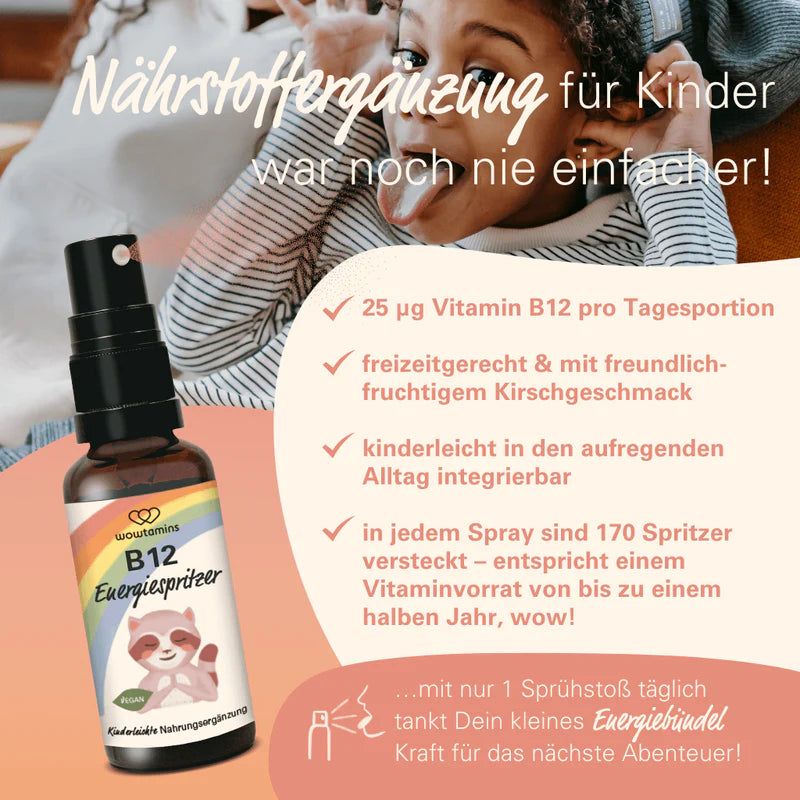 Flasche B12 Energiespritzer mit Text: 25 µg Vitamin B12 pro Tagesportion, fruchtiger Kirschgeschmack, 170 Spritzer.