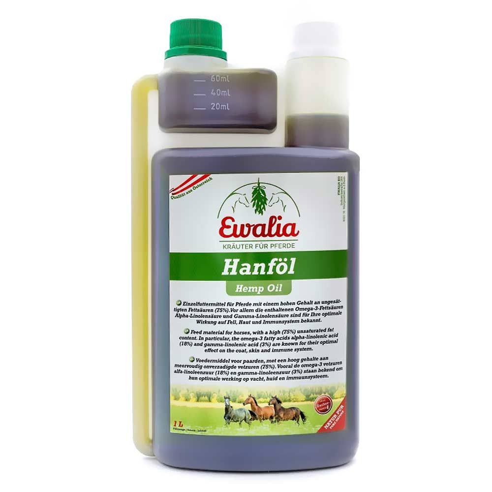 Dunkelbraune Flasche mit grünem Deckel und Messbecher. Aufschrift: Ewalia Hanföl für Pferde.