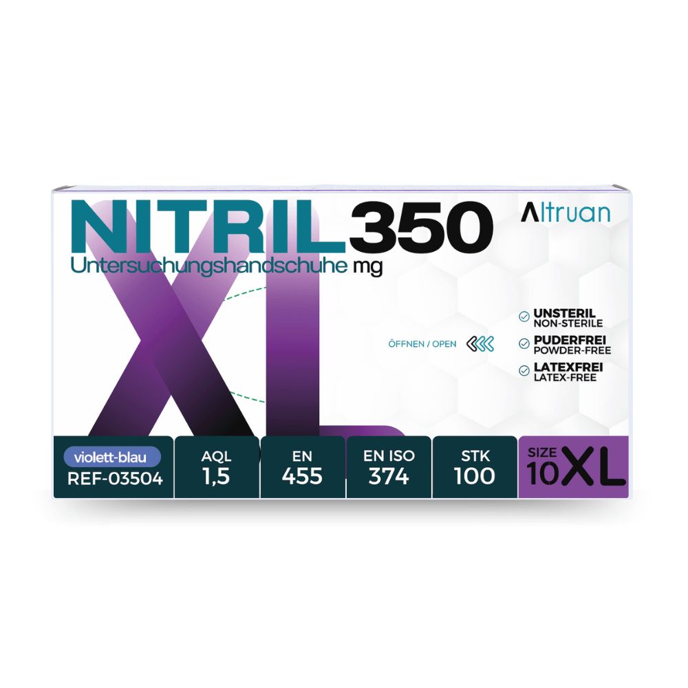 Verpackung von Nitril-Untersuchungshandschuhen, Größe XL, violett-blau, 100 Stück, latexfrei, puderfrei.