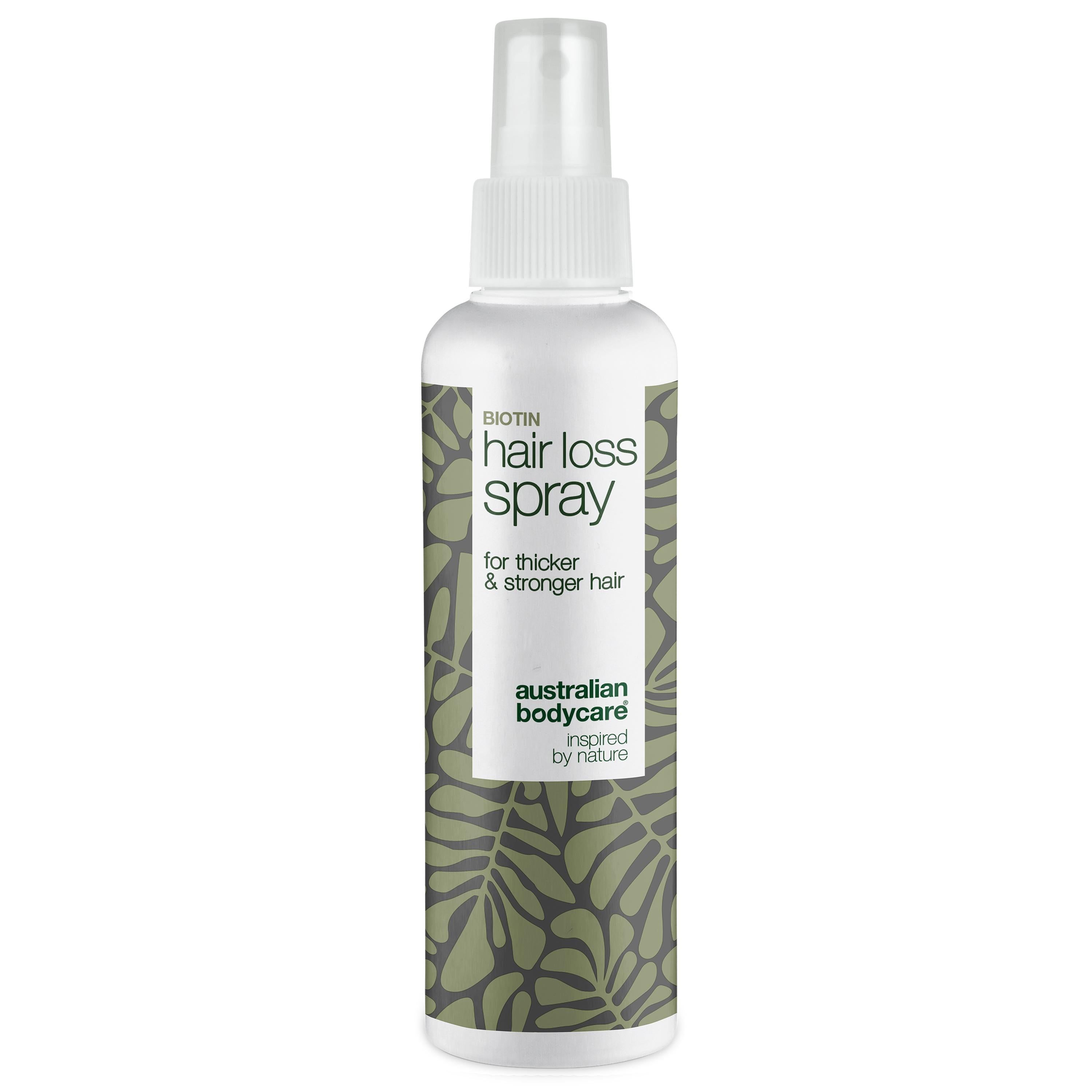 Spray bianco con scritta 'Hair Loss Spray'. Logo 'Australian Bodycare'.