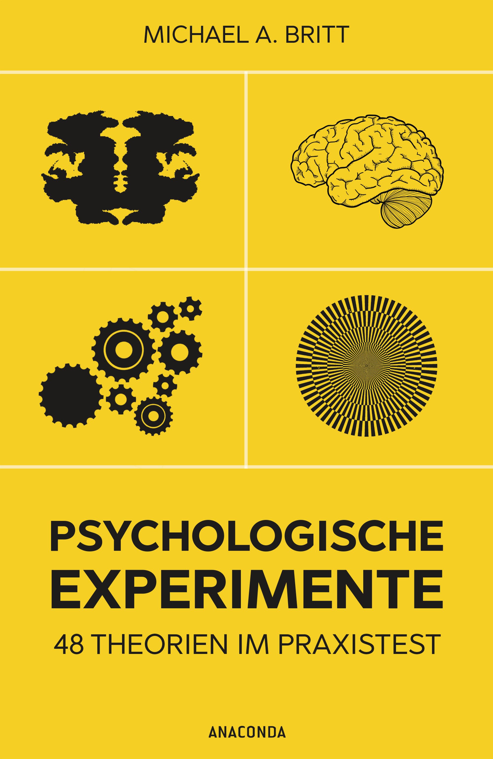 Buchcover: "Psychologische Experimente". Gelber Hintergrund, Illustrationen, Titel, Autor, Verlag.
