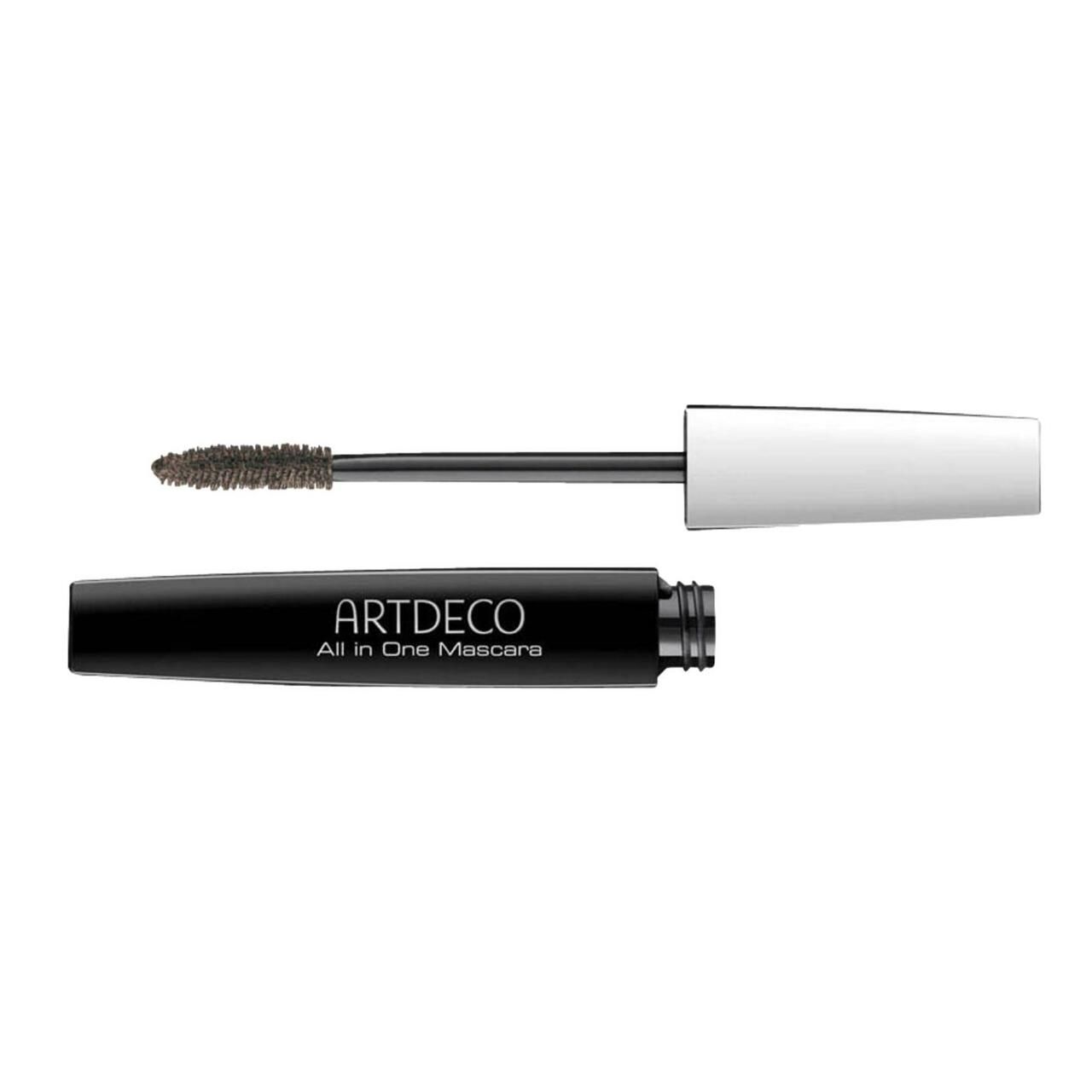 Tube de mascara noir avec capuchon blanc. Brosse avec poils bruns. Inscription: ARTDECO All in One Mascara.