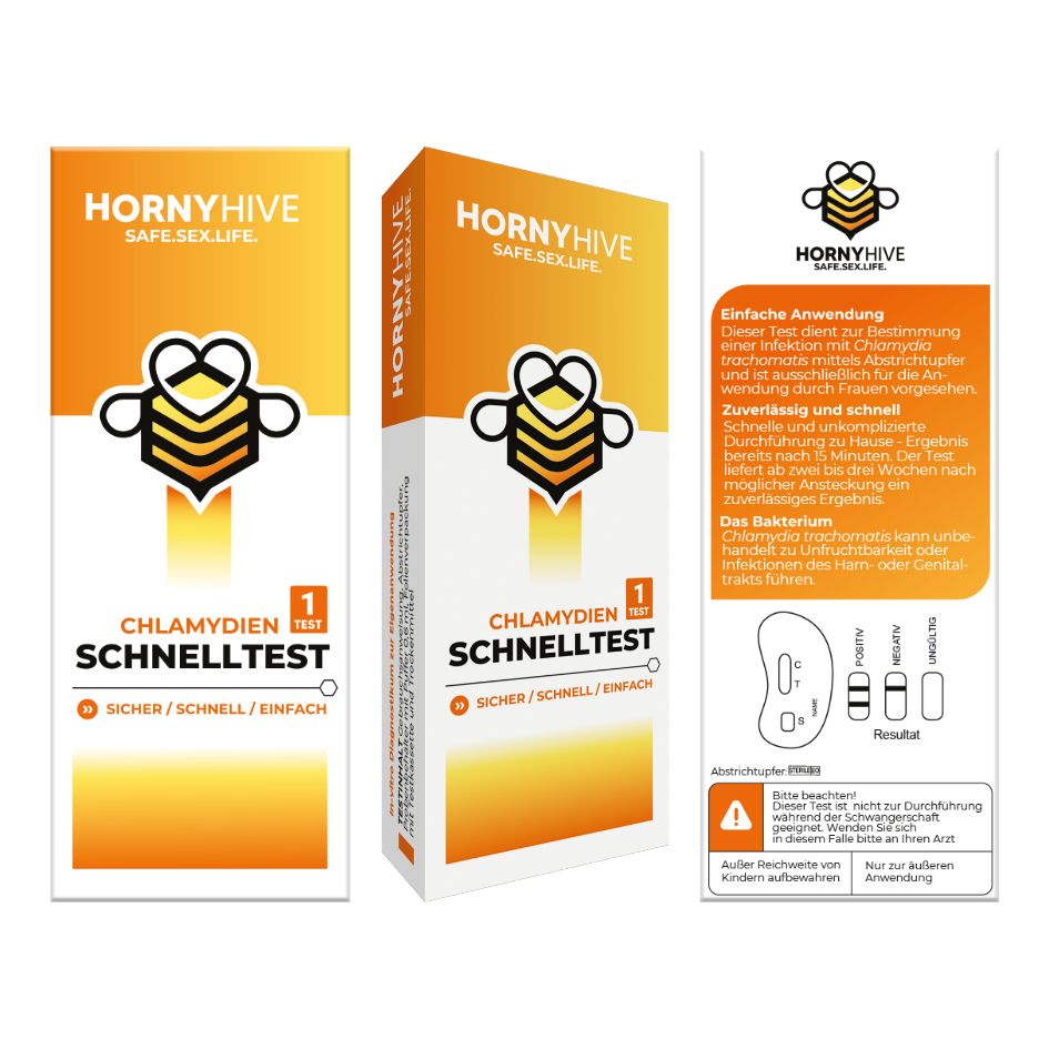 Horny Hive Schnelltest-Bundle, orange. Schachtel, Anleitung und Test. Aufschrift: Chlamydien Schnelltest. Sicher/Schnell/Einfach. Logo mit Biene.