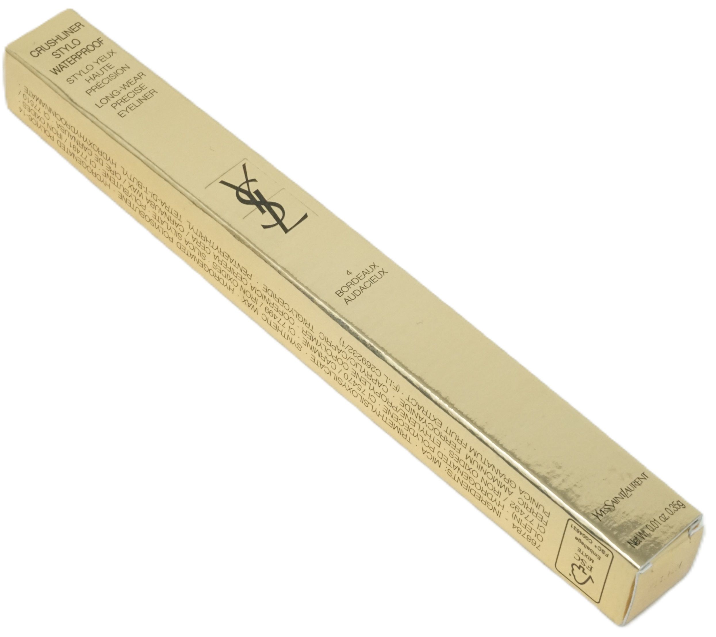 Goldfarbene Verpackung mit Yves Saint Laurent Logo und Produktbezeichnung. Aufschrift: Eyeliner, Bordeaux.