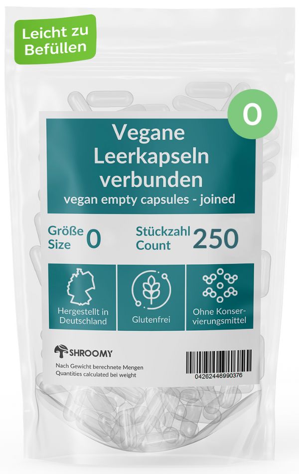 Transparente Leerkapseln Größe 0 in Beutel. Aufschrift: Vegane Leerkapseln verbunden, 250 Stück, glutenfrei, ohne Konservierungsstoffe.