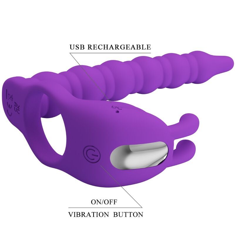 Lila Penisring mit Vibrator-Plug. Geriffelte Oberfläche. Ringförmige Basis mit Bedienfeld. Beschriftung: USB RECHARGEABLE, ON/OFF VIBRATION BUTTON.