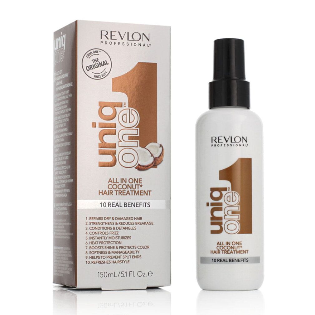 Produktflasche und Verpackung. Aufschrift: Revlon Uniq One Kokosnuss Haarpflege. 10 Vorteile. 150ml.