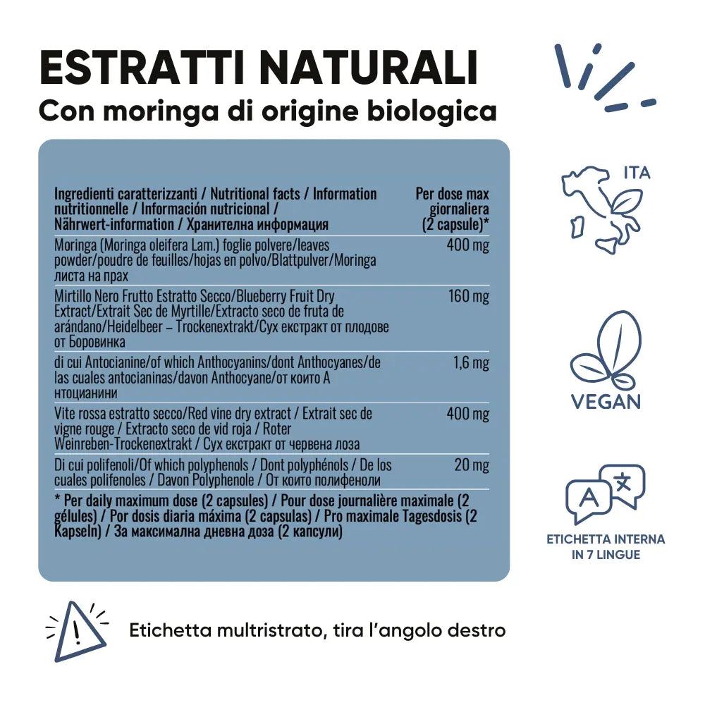Etikett mit Inhaltsstoffen. Text: Estratti naturali. Enthält Moringa, Mirtillo Nero, Vite Rossa. Vegan-Siegel.