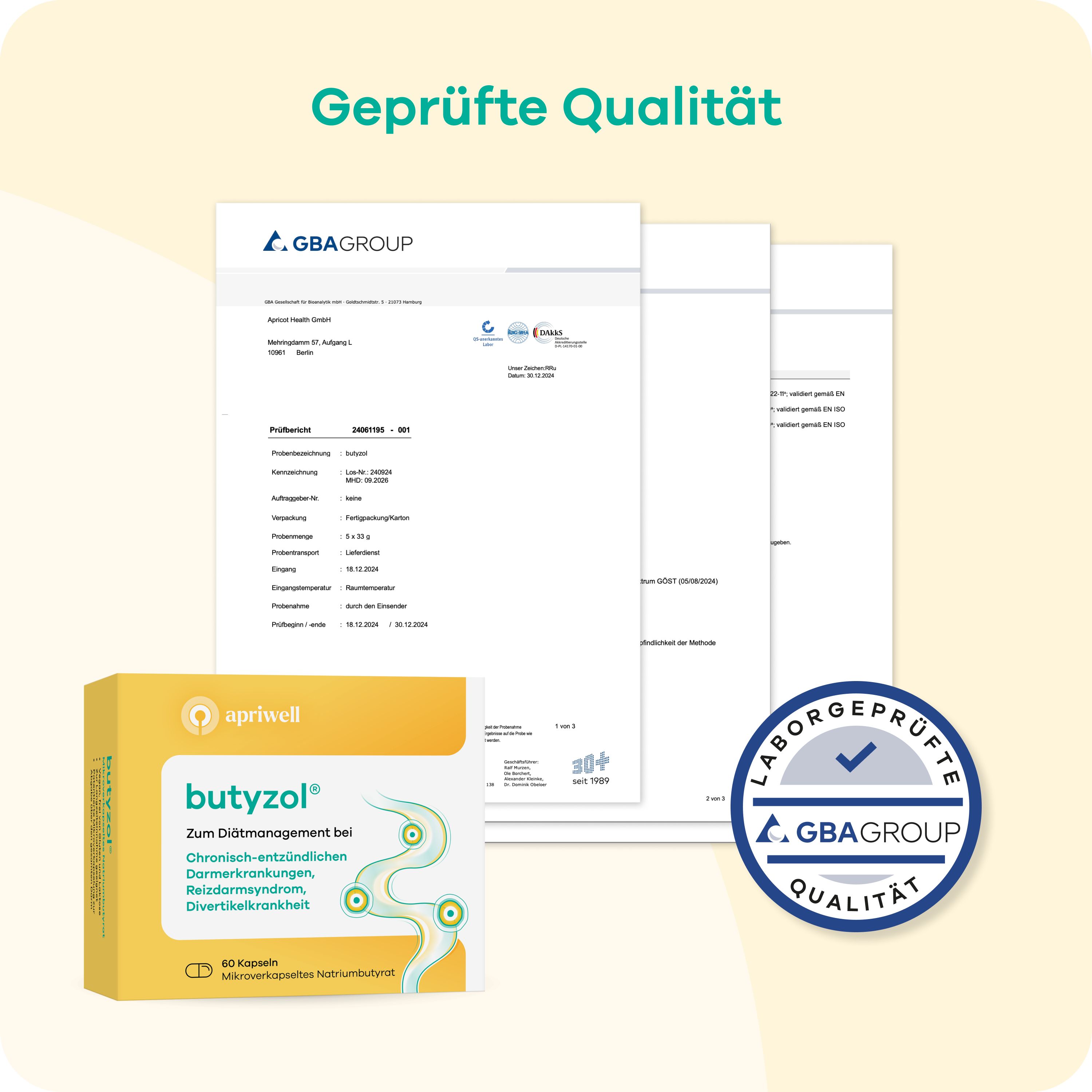 Produktverpackung und Dokumente. GBA-Qualitätssiegel. Logo apriwell butyzol. Laborgeprüfte Qualität.