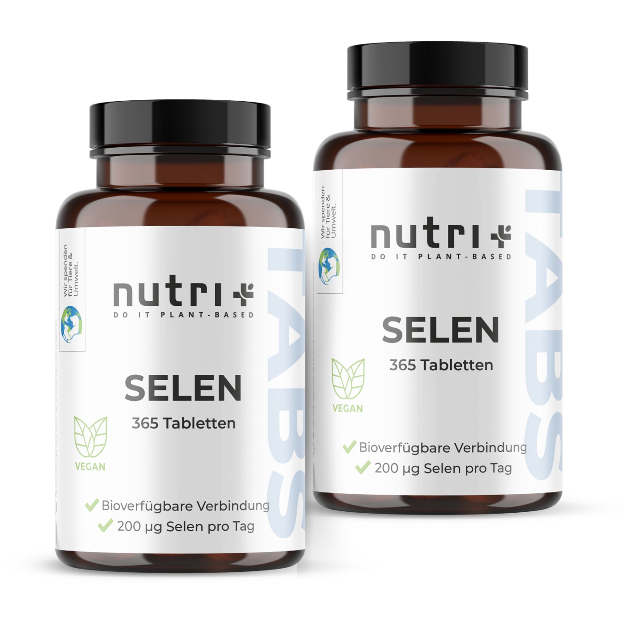 Zwei braune Flaschen mit schwarzen Deckeln. Aufschrift: nutri+ SELEN 365 Tabletten. Vegan-Siegel.