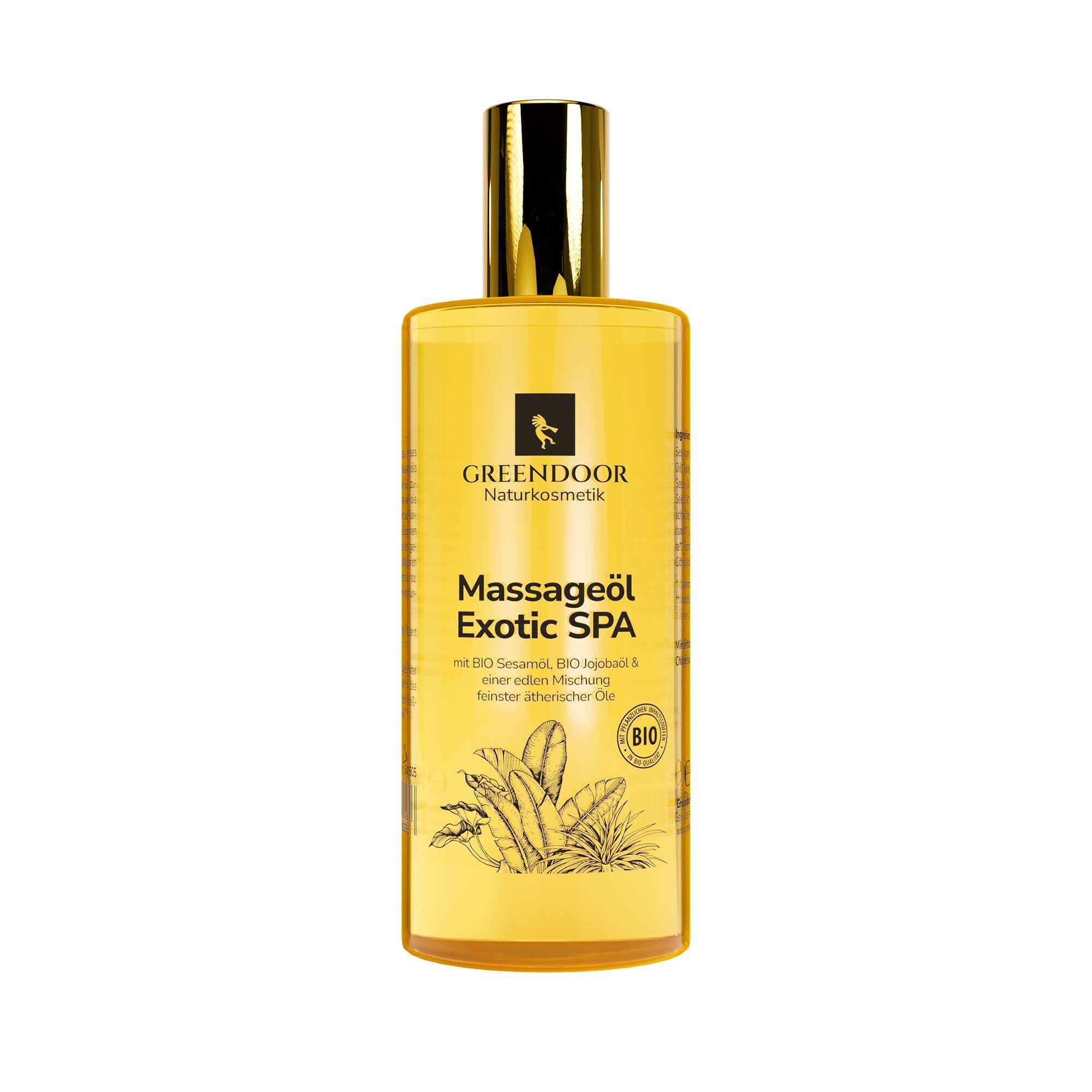 Gelbe Flasche mit goldfarbenem Verschluss. Aufschrift: Massageöl Exotic SPA. BIO-Siegel.