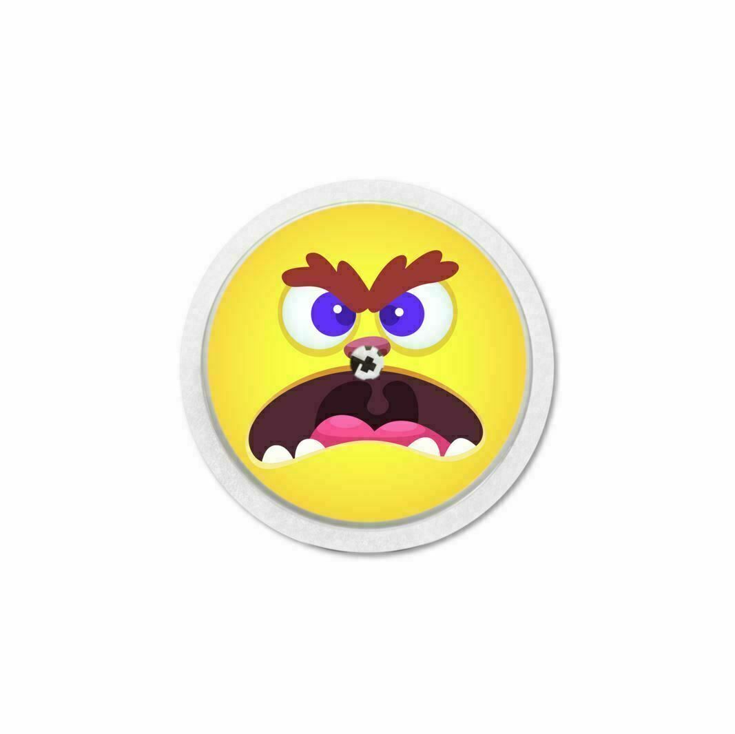 Runder, gelber Aufkleber mit einem Monstergesicht. Das Gesicht hat braune Augenbrauen, rote Augen und einen offenen Mund.