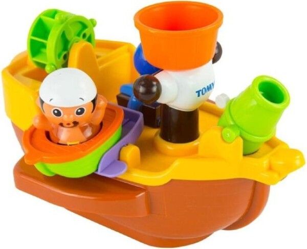 Spielzeug-Piratenboot mit Figuren und Zubehör. Enthält Kanone und Wasserrad. Marke: TOMY.