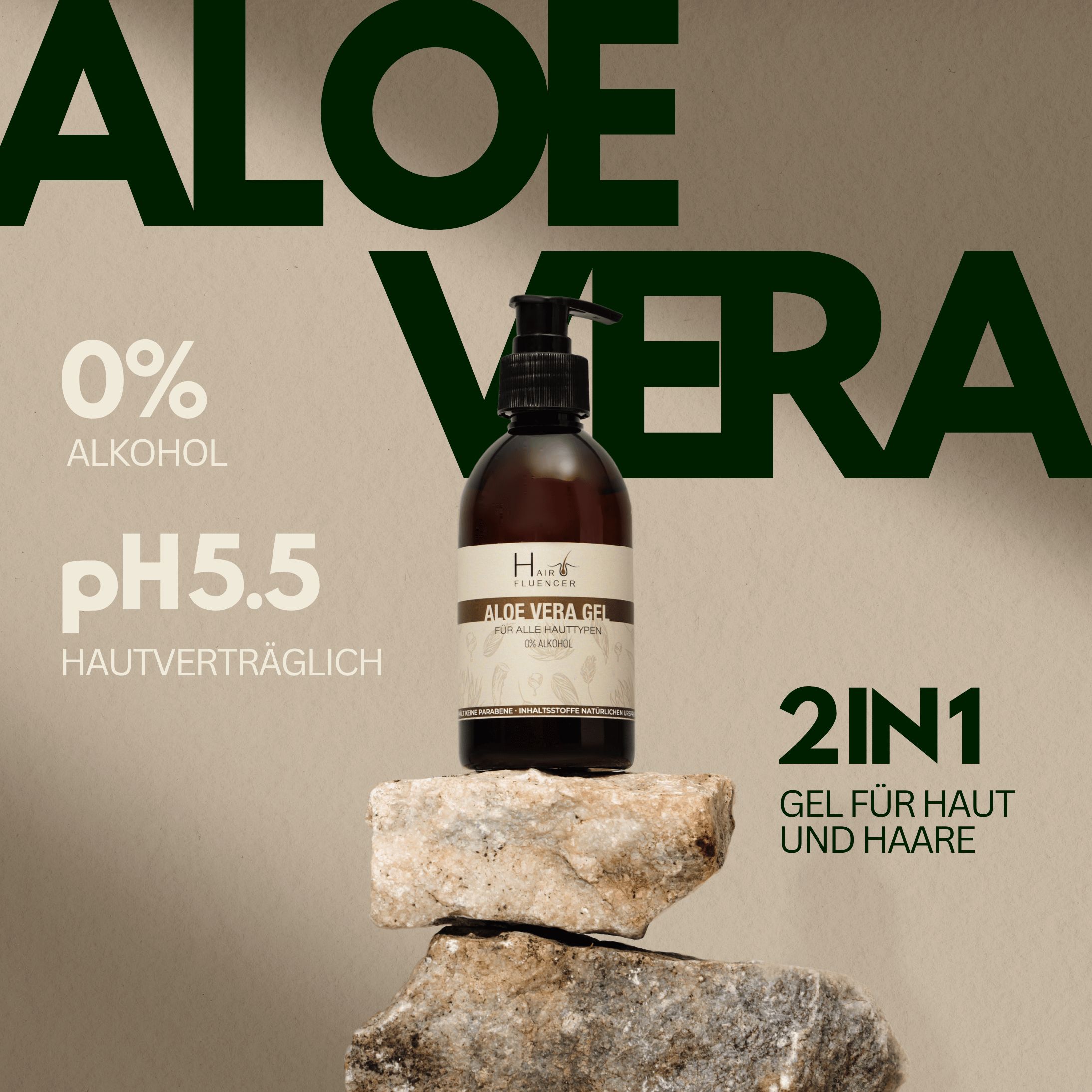 Braune Flasche mit schwarzem Pumpkopf auf Steinen. Text: 0% Alkohol, pH5.5, 2in1 Gel für Haut und Haare.