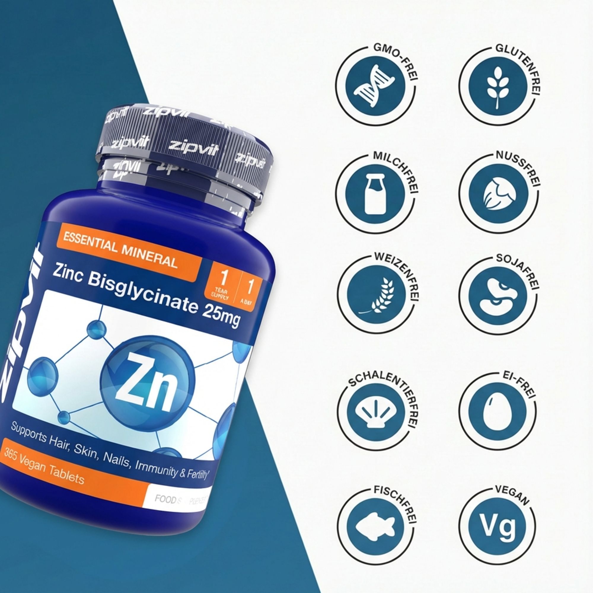 Blaue Flasche mit Zink Bisglycinat Tabletten. Enthält Logos für GMO-frei, glutenfrei, milchfrei, nussfrei, weizenfrei, sojafrei, schalen tierfrei, eiweißfrei, fischfrei und vegan.
