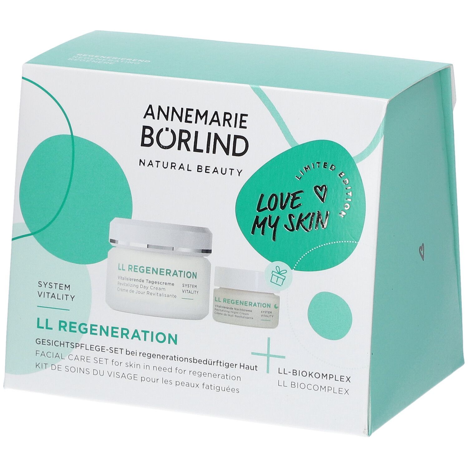 Gesichtspflege-Set mit zwei Cremes in weißer Verpackung. Aufschrift: LL Regeneration, Annemarie Börlind.