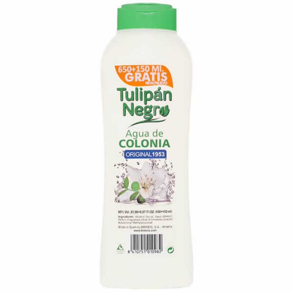 Weiße Flasche mit grünem Deckel. Aufschrift: Tulipán Negro Agua de Colonia Original 1953. Gratis-Hinweis.