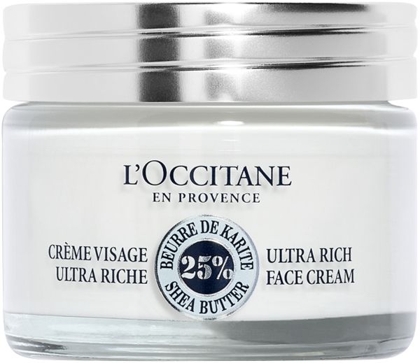 Creme-Glas mit silbernem Deckel. Aufschrift: L'Occitane, Ultra Rich Face Cream, 25% Shea Butter.