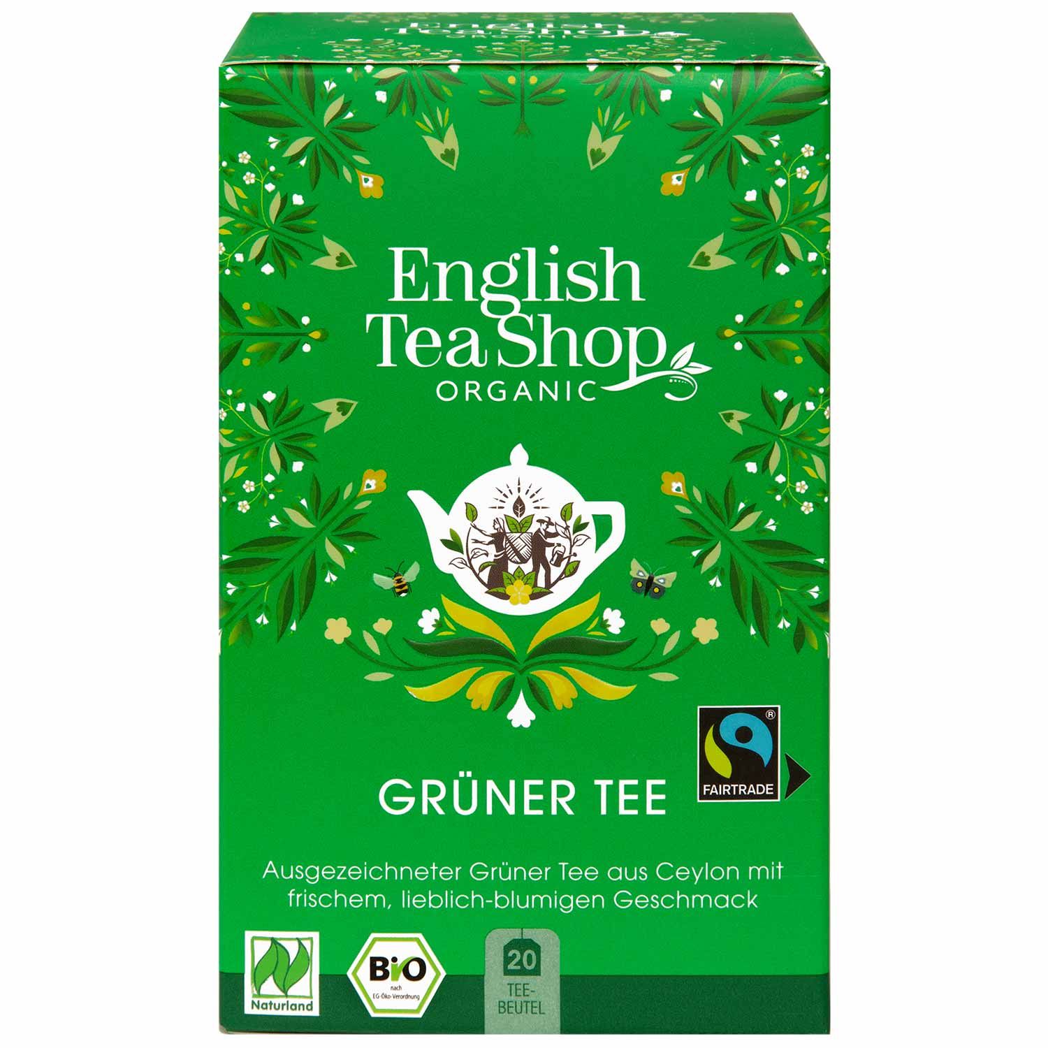 Grüne Schachtel mit "English Tea Shop Organic" und "Grüner Tee" Schriftzug. Naturland und Bio-Siegel.
