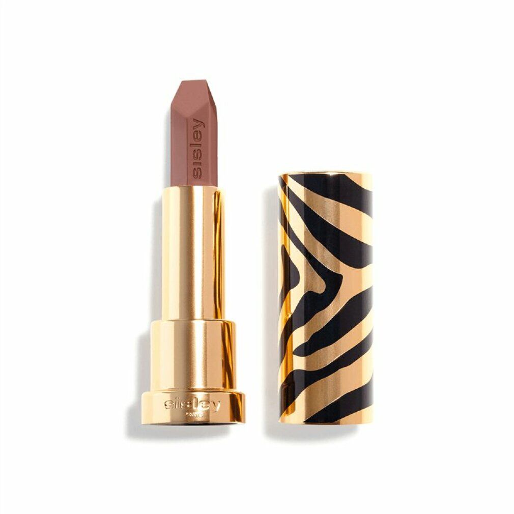 Lippenstift mit goldfarbenem Gehäuse und Zebra-Muster. Der Lippenstift ist geöffnet und zeigt eine braune Spitze. Sisley-Logo sichtbar.