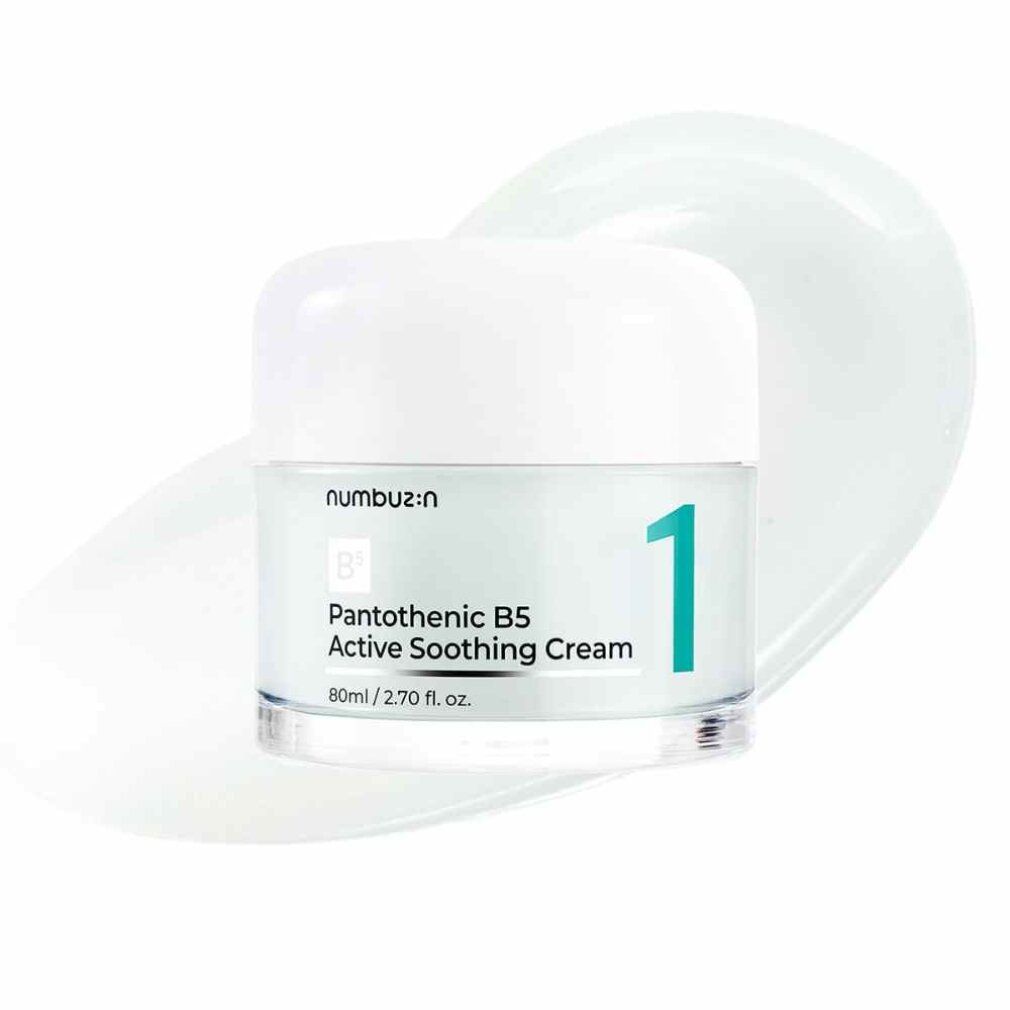 Numbuzin Nr. 1 Pantothenic B5 Aktiv Beruhigende Creme mit einem cremigen Klecks daneben.