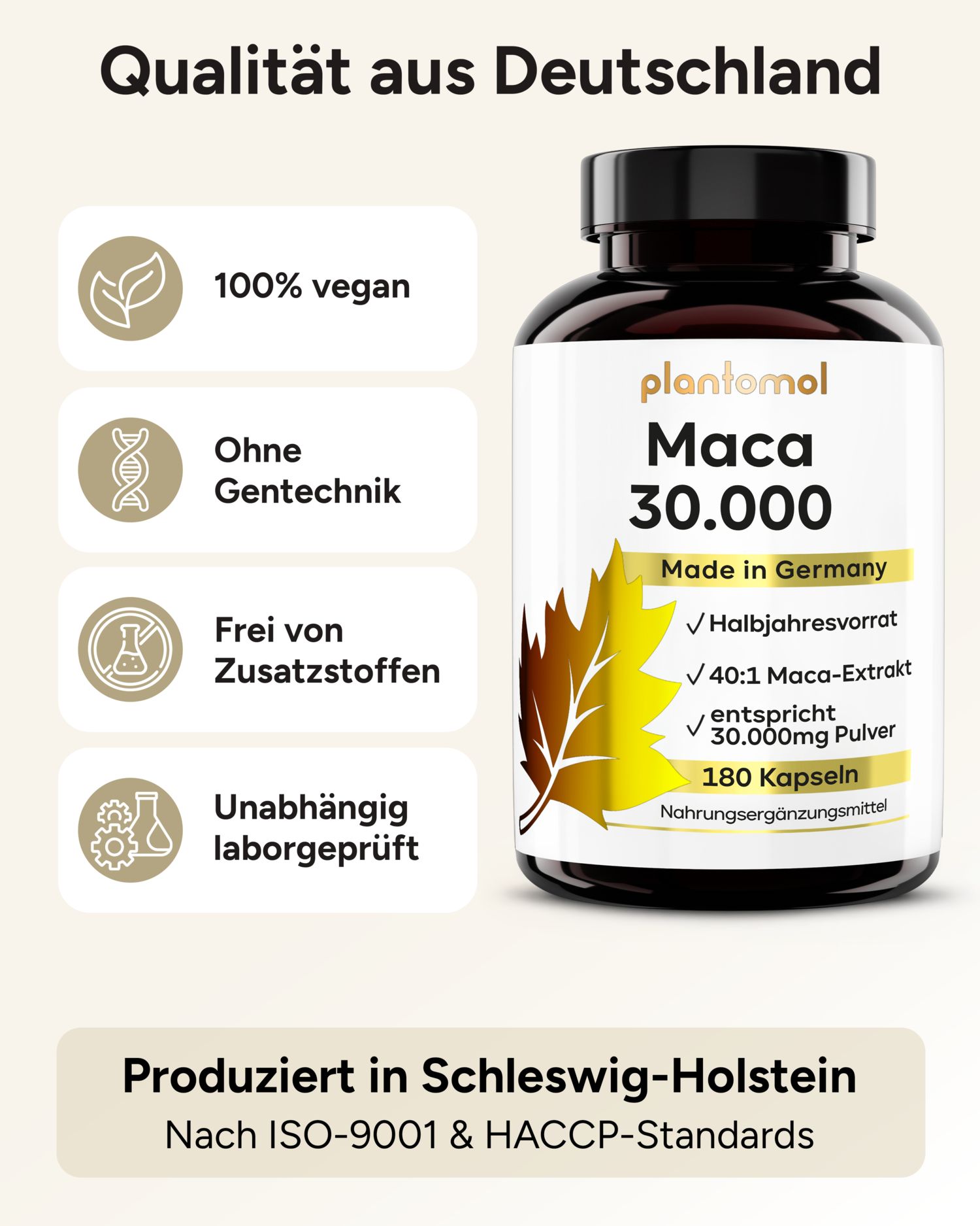 Flasche mit Kapseln. Text: plantomol Maca 30.000. Made in Germany. 100% vegan, ohne Gentechnik, frei von Zusatzstoffen, laborgeprüft.