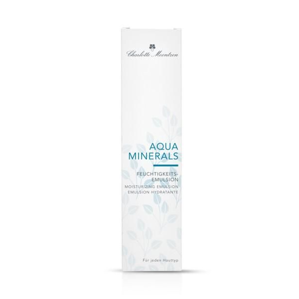 Verpackung Aqua Minerals Feuchtigkeitsemulsion. Weiß, hellblau. Text: Charlotte Meentzen, Aqua Minerals, Feuchtigkeitsemulsion, für jeden Hauttyp.