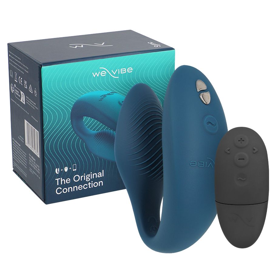 Blauer, U-förmiger Vibrator mit Fernbedienung und Verpackung. Auf der Verpackung steht "We-Vibe" und "The Original Connection".