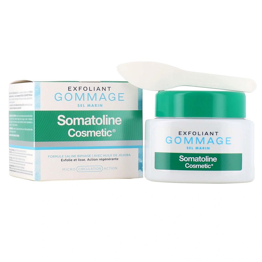 Verschiedene Produkte. Aufschrift: Somatoline Cosmetic, CELLULITE, EXFOLIANT GOMMAGE.