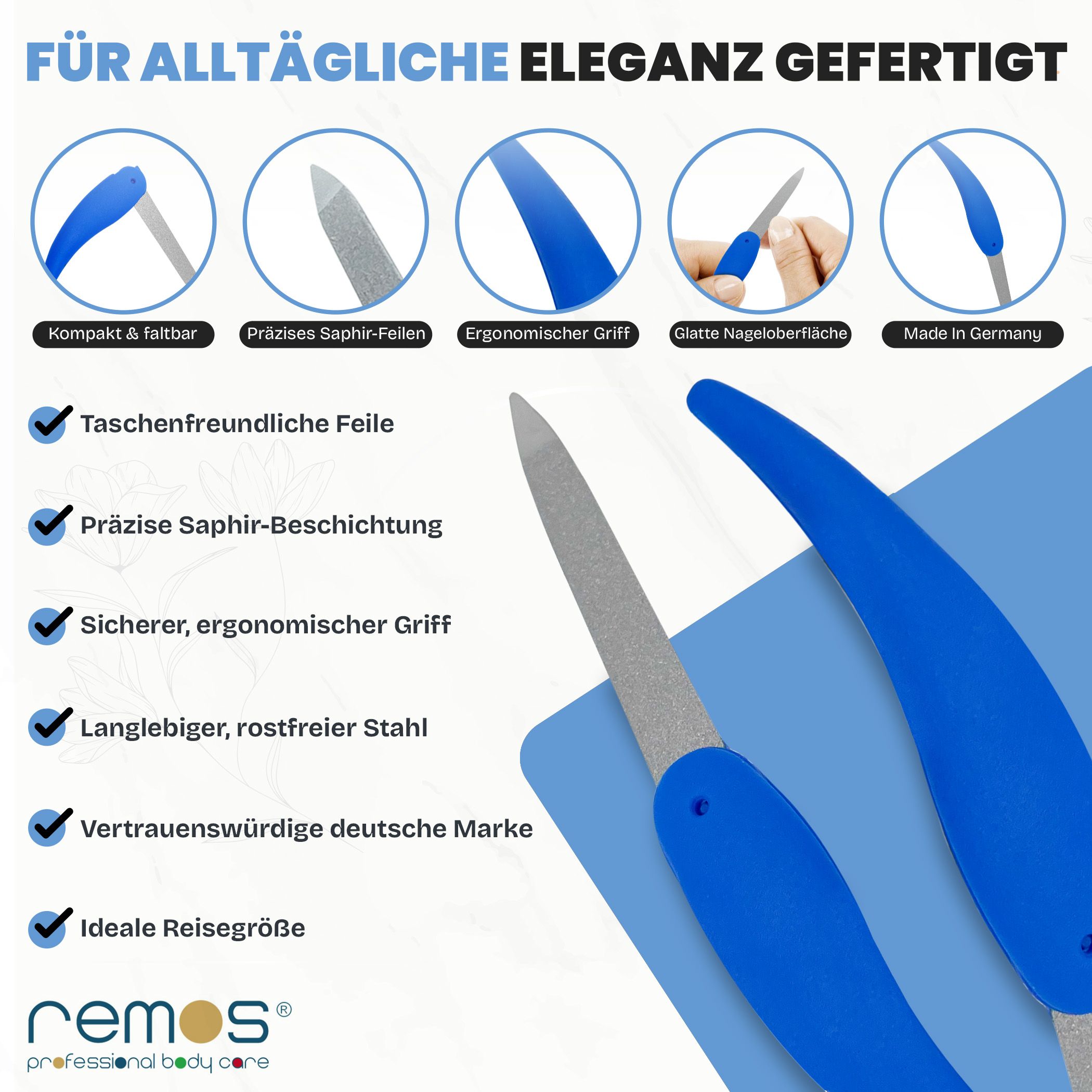 Klappbare Nagelfeile mit blauem Griff, detaillierte Merkmale wie präzise Saphir-Beschichtung.