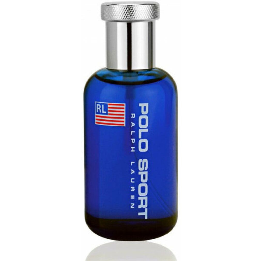 Blaues Parfümflakon mit silbernem Verschluss. Aufschrift Polo Sport Ralph Lauren. Logo mit US-Flagge.