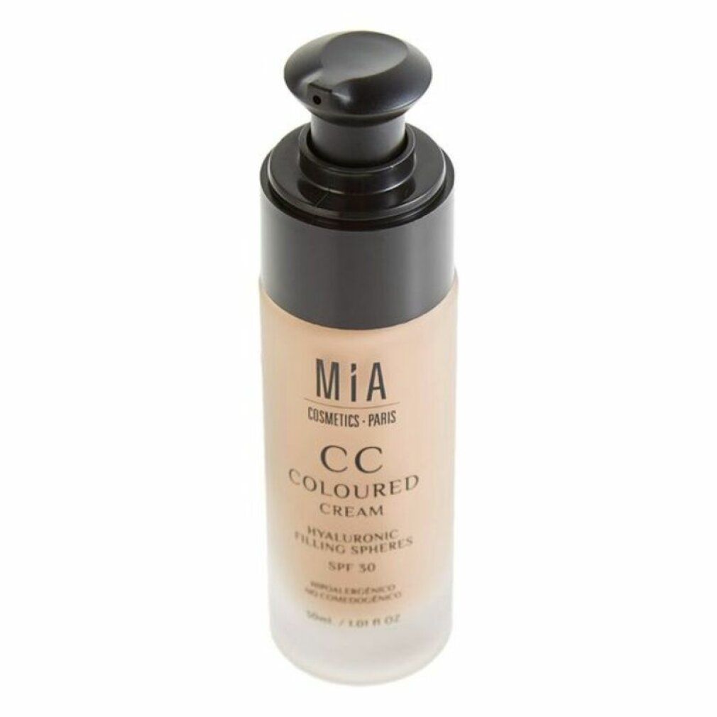 CC Creme von Mia Cosmetics. Flasche mit schwarzem Pumpkopf. Text: CC COLORED CREAM, SPF 30. Hypoallergen.
