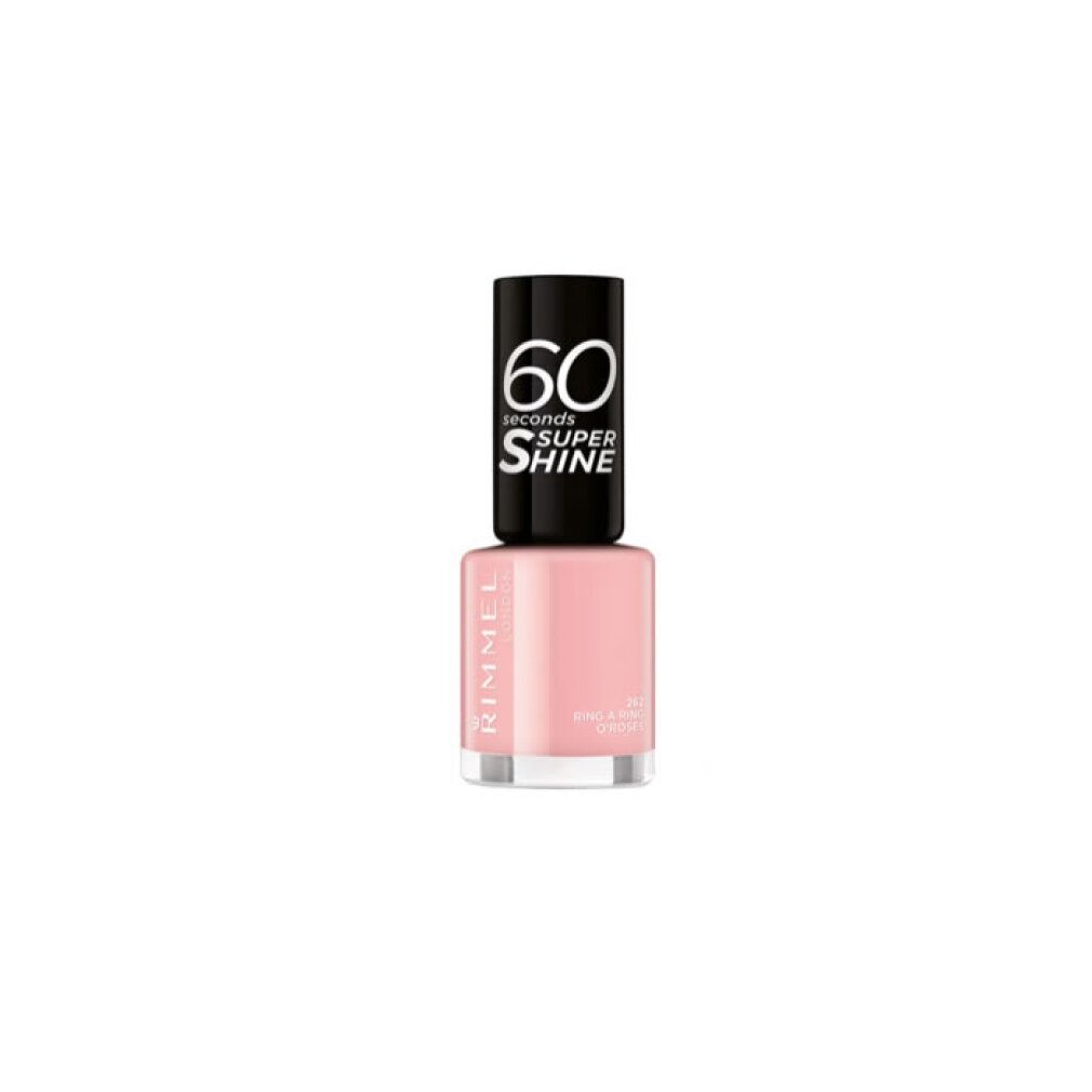 Nagellackflasche, rosa, mit schwarzem Deckel. Aufschrift: 60 seconds, Super Shine, Rimmel London.