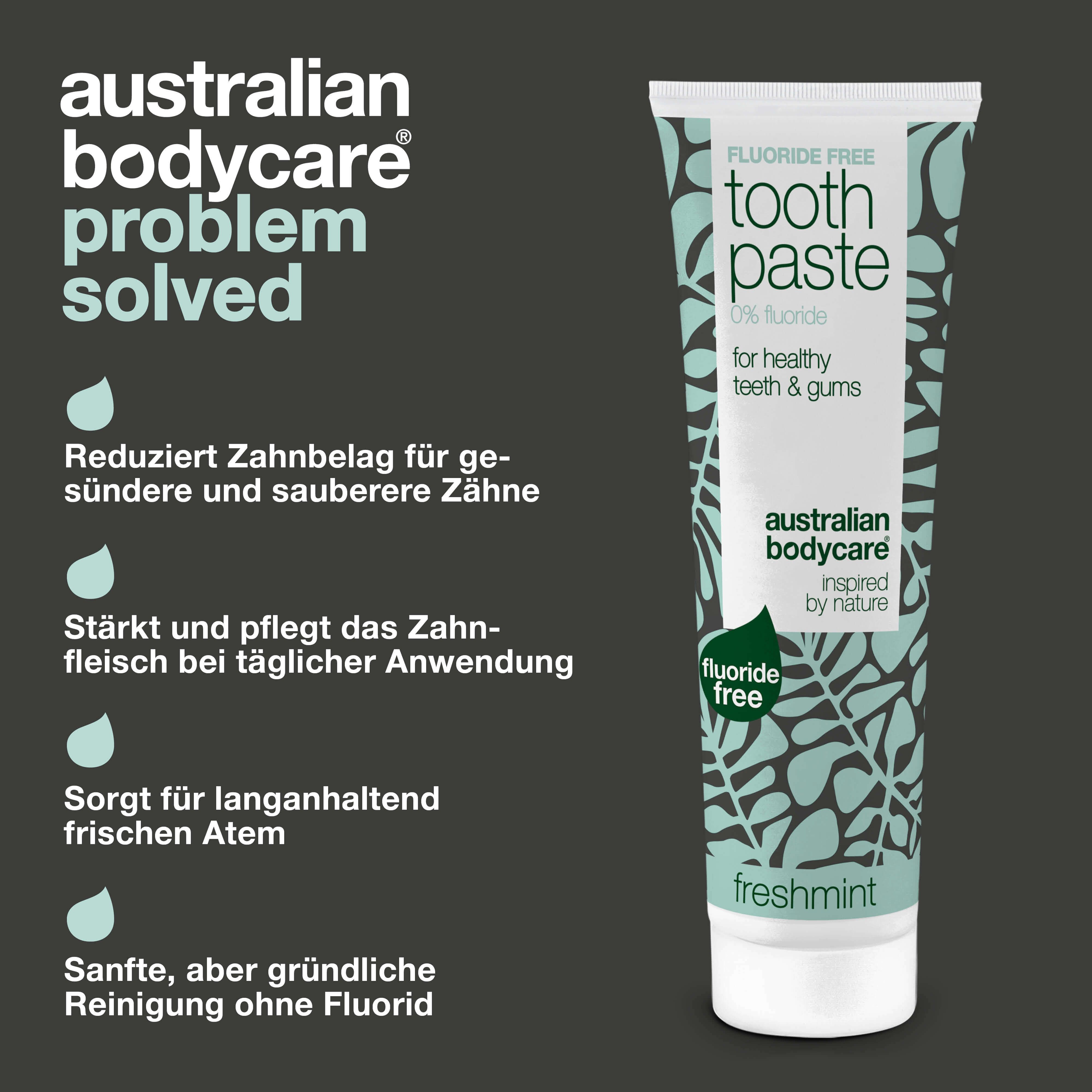 Zahnpasta-Tube. Aufschrift: Fluoride Free, Toothpaste, 0% fluoride, für gesunde Zähne & Zahnfleisch. Text: Reduziert Zahnplaque.