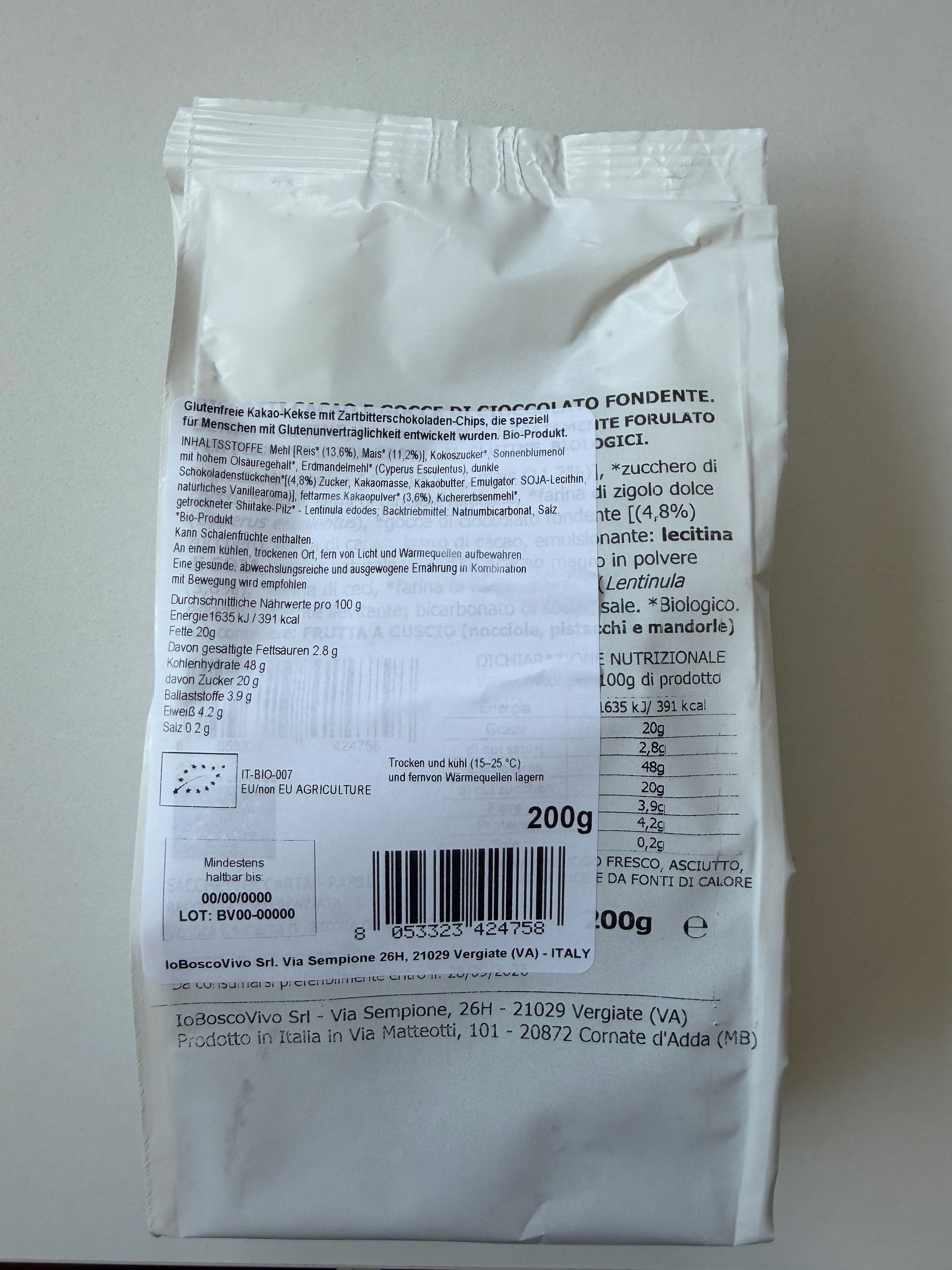 Rückseite der Verpackung IoBoscoVivo glutenfreie Bio-Kekse mit Zutatenliste und Bio-Siegel.