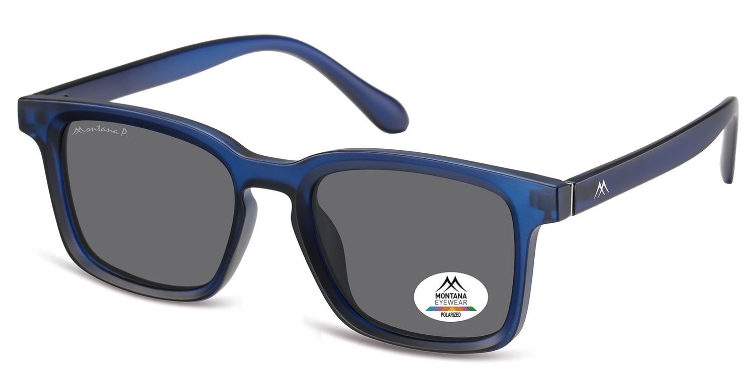 Blaue Montana Eyewear Sonnenbrille. Rechteckige Form, graue Gläser. Logo und Polarized-Aufkleber. Perspektivische Ansicht.