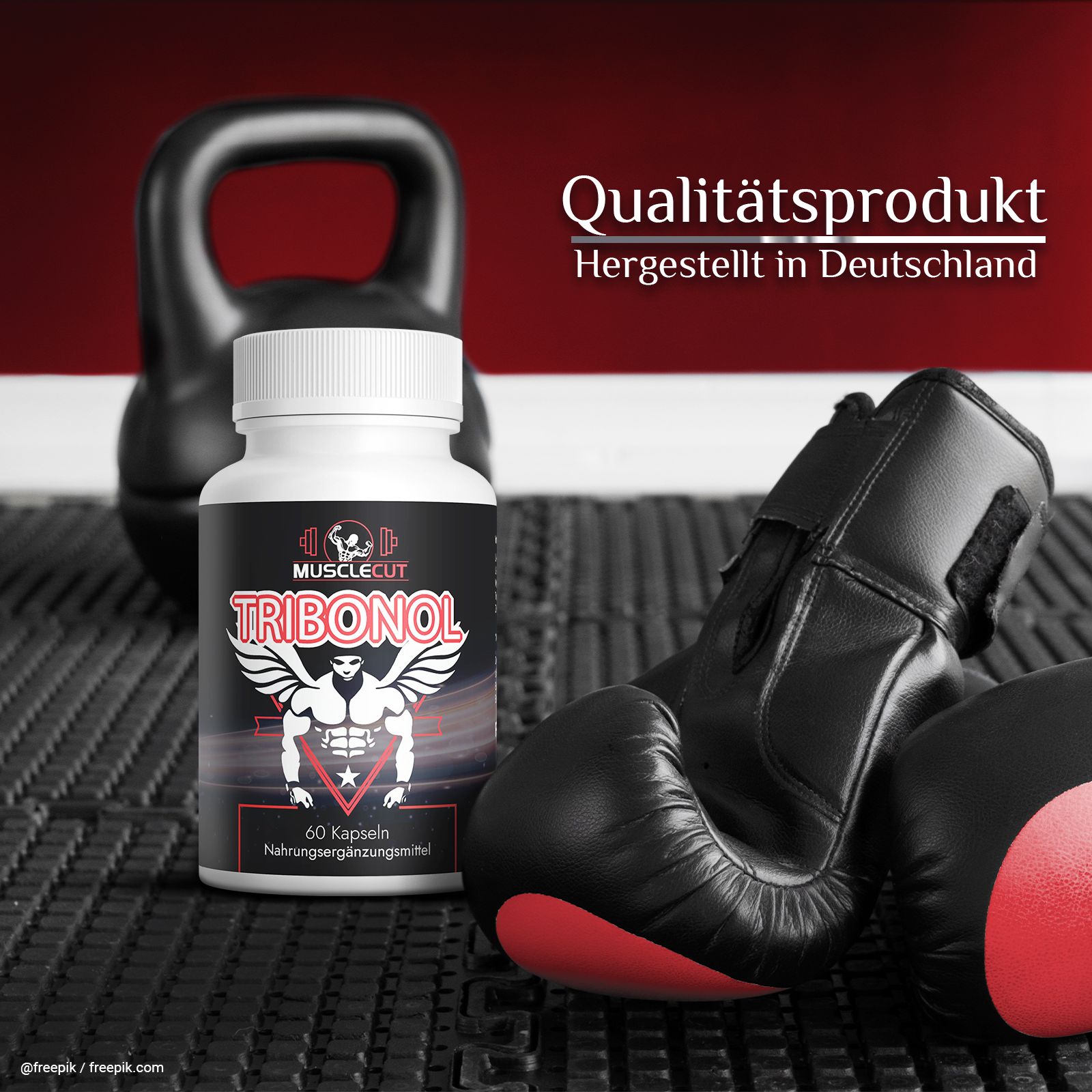 Weiße Flasche mit schwarzem Etikett. Aufschrift: Tribonol, 60 Kapseln. Neben: Boxhandschuhe und Kettlebell.