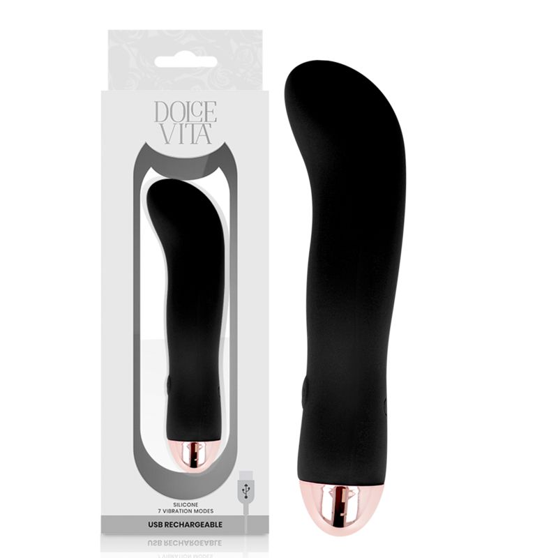 Schwarzer Silikon-Vibrator mit roségoldfarbenem Akzent. In Verpackung mit Produktname und USB-Ladefunktion.