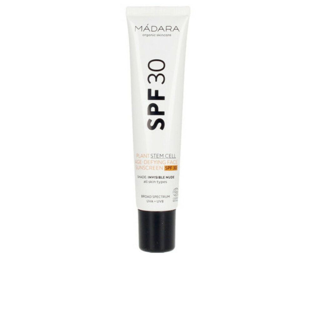 Weiße Tube mit schwarzem Deckel. Aufschrift: MÁDARA, SPF 30, Plant Stem Cell Age-Defying Face Sunscreen.